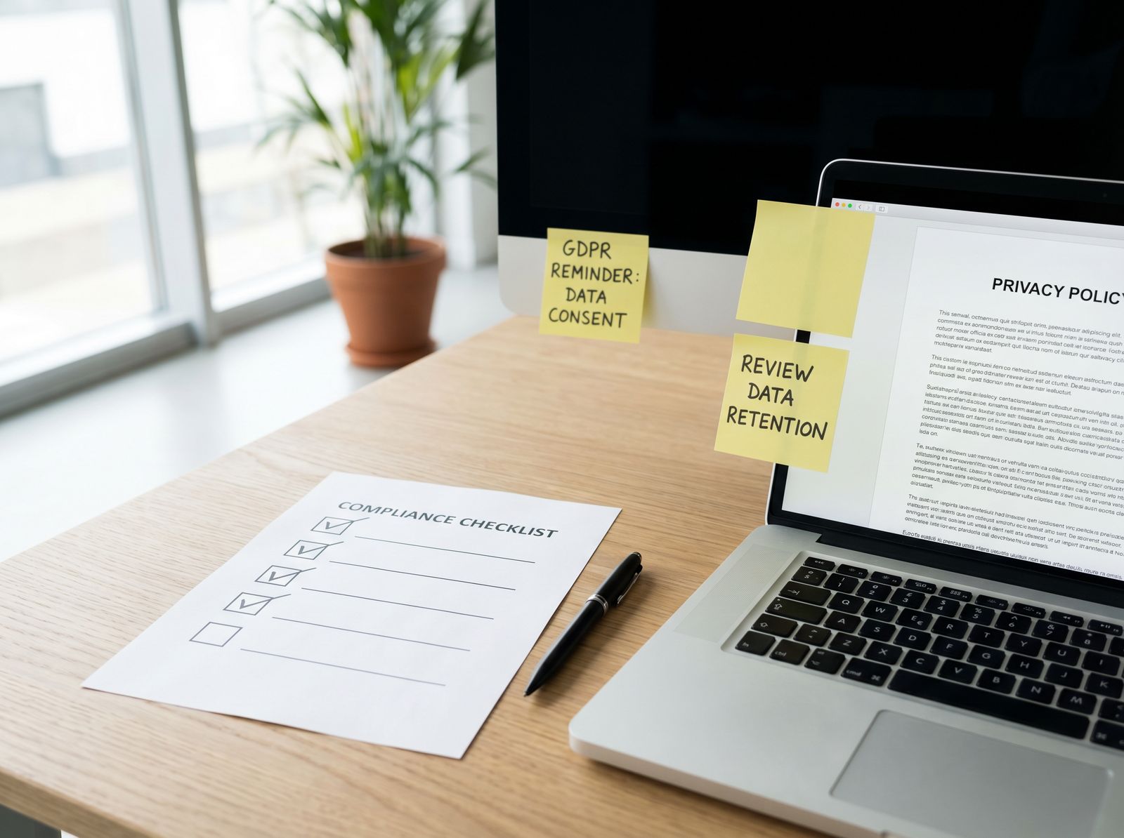 Documentazione compliance GDPR organizzata su scrivania professionale