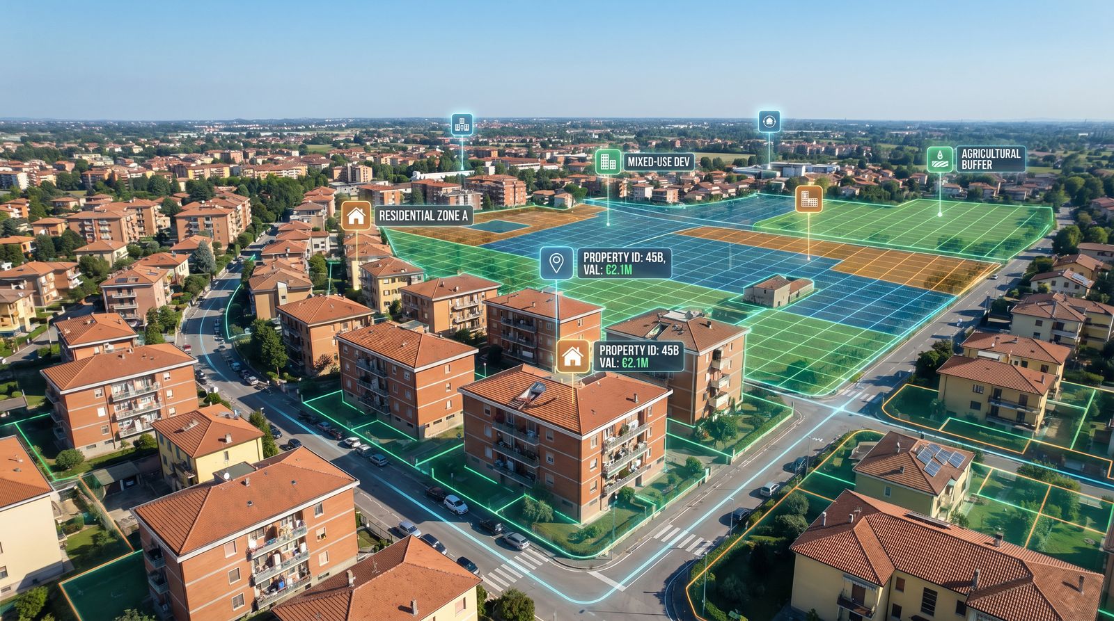 Mappa digitale di farming immobiliare con zone colorate